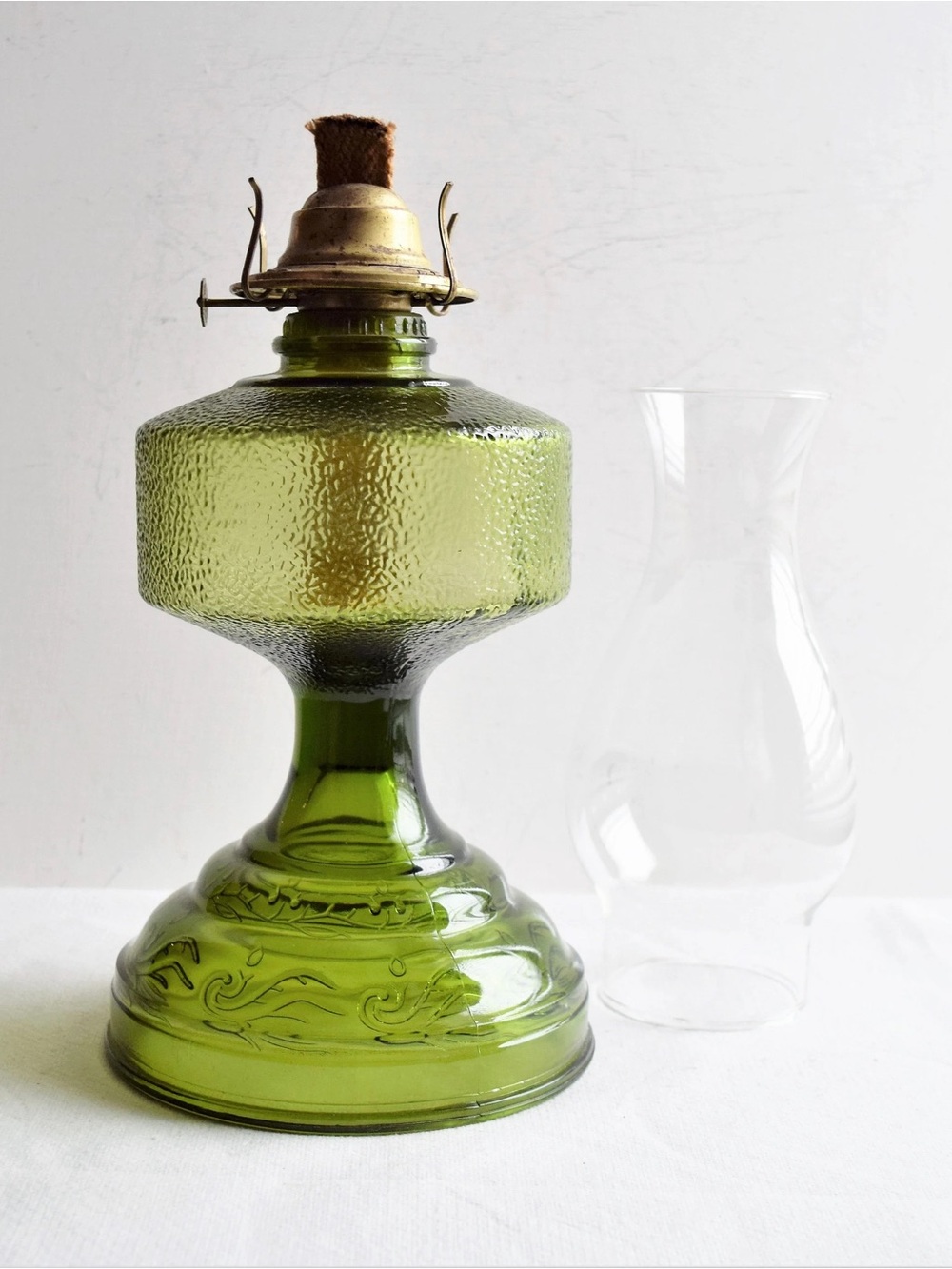 Vintage Large Olive green Glass Oil Lamp 11”